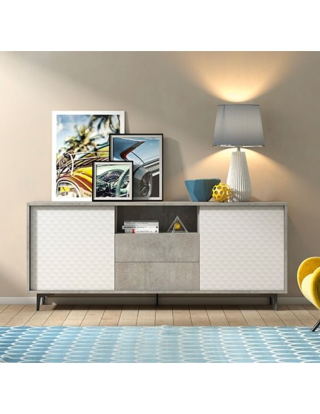 Credenza 2 ante 2 cassetti con effetto 3D Cemento / Bianco