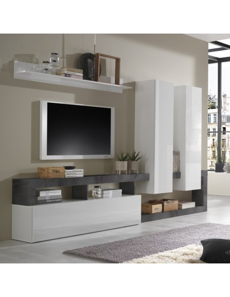 Parete soggiorno 1 Ribalta - 2 Pensili  - 1 Mensola Bianco Laccato / Ossido