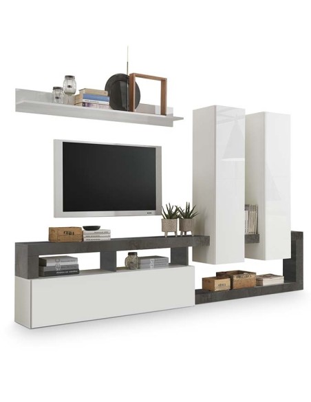 Parete soggiorno 1 Ribalta - 2 Pensili  - 1 Mensola Bianco Laccato / Ossido