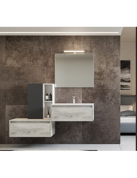 Composizione bagno sfalsata Bianco / Quercia ( Specchio escluso )
