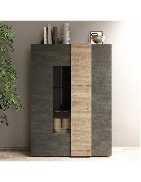 Vetrina 2 ante con fascia Titanio / Rovere Kadiz