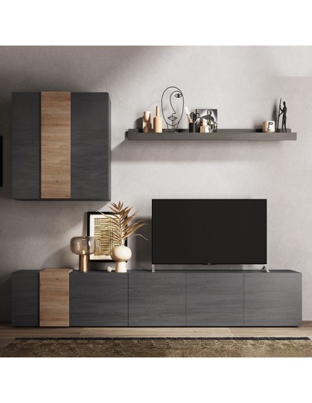 Parete soggiorno con base TV - pensile - mensola Titanio