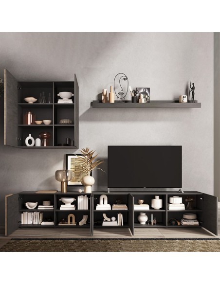 Parete soggiorno con base TV - pensile - mensola Titanio