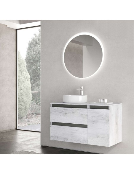 Mobile bagno sospeso 110 cm 2 cassetti - 1 anta Quercia bianco / Grafite (Specchio escluso)