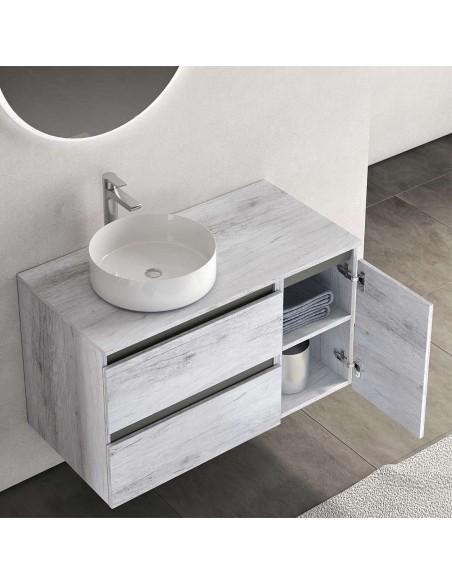 Mobile bagno sospeso 110 cm 2 cassetti - 1 anta Quercia bianco / Grafite (Specchio escluso)