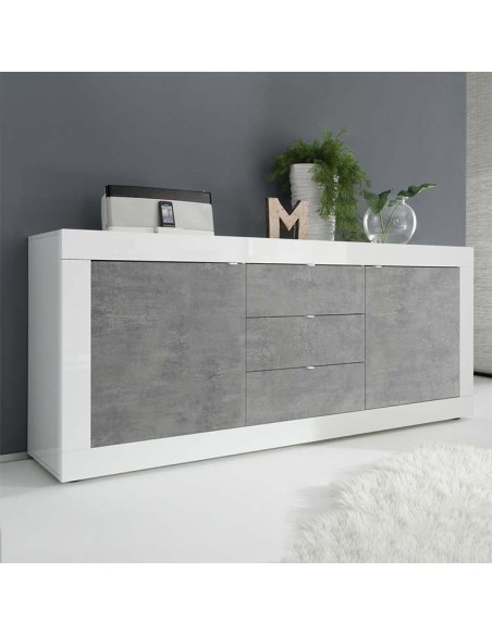 Credenza 2 ante - 3 cassetti Bianco Laccato / Cemento