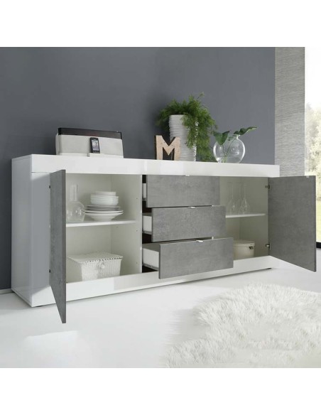 Credenza 2 ante - 3 cassetti Bianco Laccato / Cemento