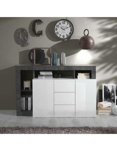 Madia 2 ante - 3 cassetti con vani a giorno Bianco laccato / Ossido