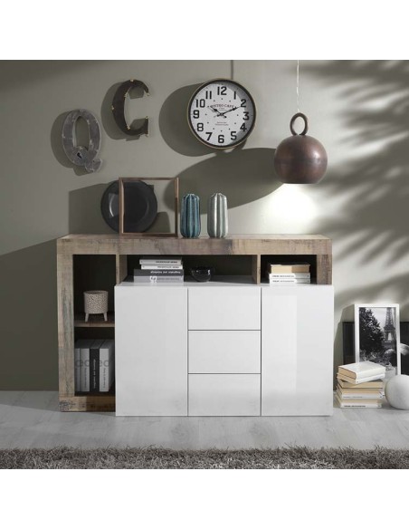 Madia 2 ante - 3 cassetti con vani a giorno Bianco laccato / Pero