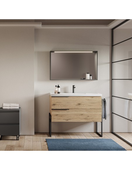 Mobile bagno 2 cassetti con struttura in metallo Lavabo spalla alta Quercia (Specchio escluso)