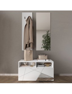 Mobile ingresso serigrafato con pannello appendiabiti e specchio Bianco laccato