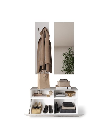 Mobile ingresso serigrafato con pannello appendiabiti e specchio Bianco laccato