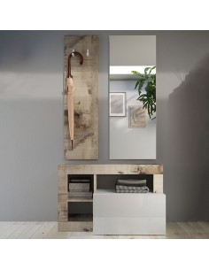 Mobile ingresso con pannello appendiabiti e specchio Bianco laccato / Pero