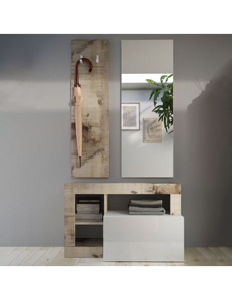 Mobile ingresso con pannello appendiabiti e specchio Bianco laccato / Pero