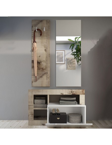 Mobile ingresso con pannello appendiabiti e specchio Bianco laccato / Pero
