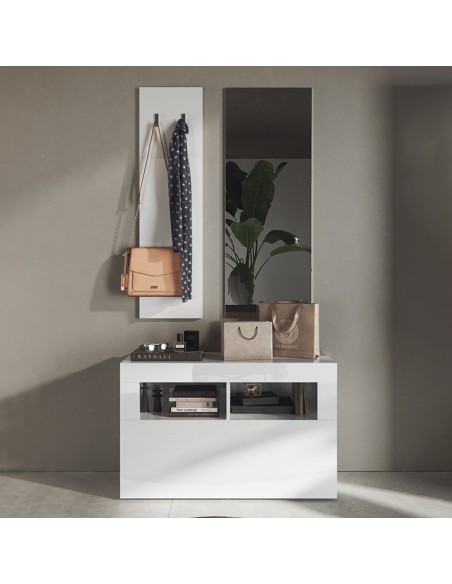 Mobile ingresso Simple con pannello appendiabiti e specchio Bianco laccato