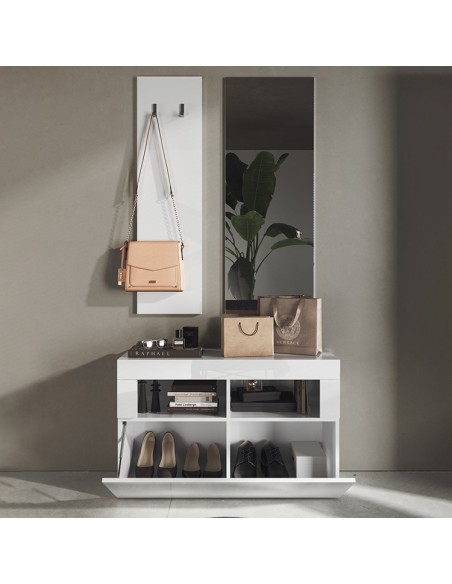 Mobile ingresso Simple con pannello appendiabiti e specchio Bianco laccato