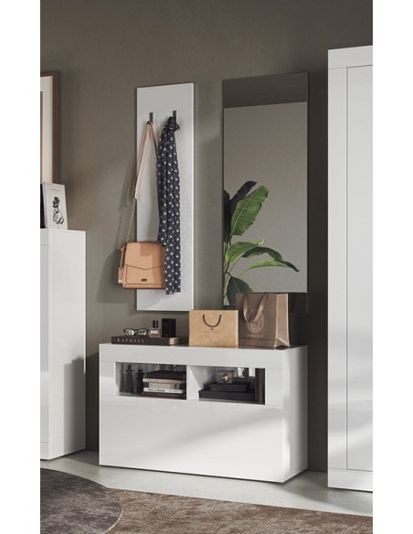 Mobile ingresso Simple con pannello appendiabiti e specchio Bianco laccato