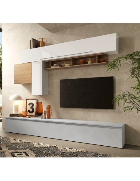 Parete soggiorno sospesa Gesso - Rovere Kadiz - Bianco laccato lucido