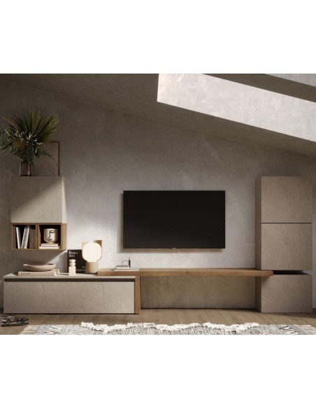 Parete soggiorno moderna con mensolone cubi e porta TV Argilla - Mercure 18