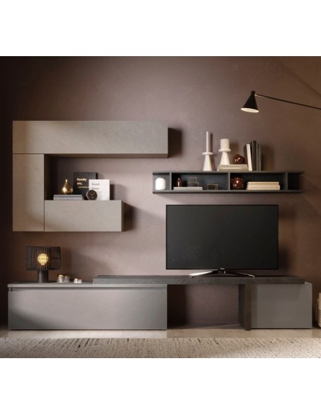 Parete soggiorno attrezzata con mensolone TV Argilla - Piombo - Ardesia 40