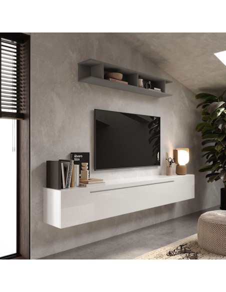Parete soggiorno sospesa 1 Ribalta cm 210 - 1 mensola Ardesia - Bianco laccato 48
