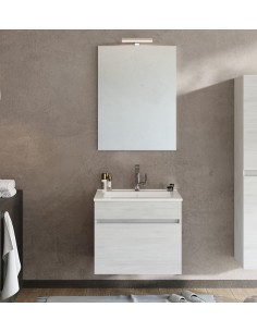 Mobile bagno 60 cm 1 cassetto + specchio con faretto Rovere bianco