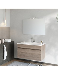 Mobile bagno 90 cm 1 cassetto + specchio con faretto Rovere fumo