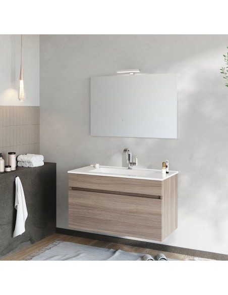 Mobile bagno 90 cm 1 cassetto + specchio con faretto Rovere fumo