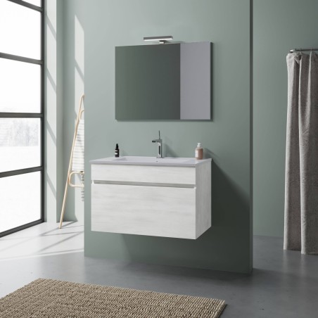 Mobile bagno 80 cm 1 cassetto + specchio + faretto Rovere bianco