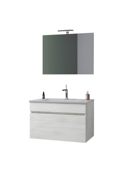Mobile bagno 80 cm 1 cassetto + specchio + faretto Rovere bianco