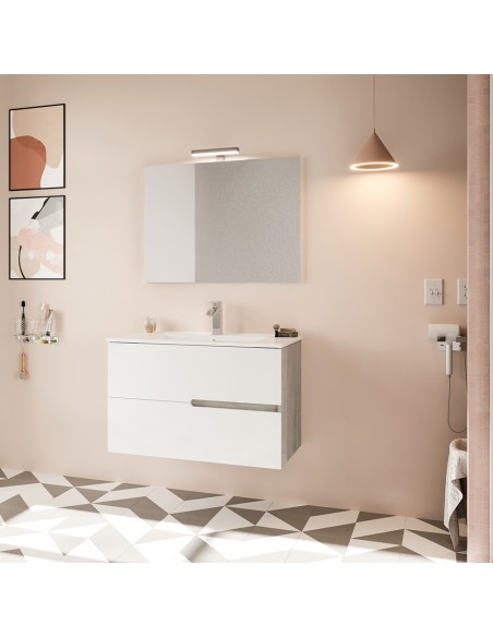 Mobile bagno Eva 80 cm 2 cassetti + specchio con faretto Rovere grigio / Bianco laccato