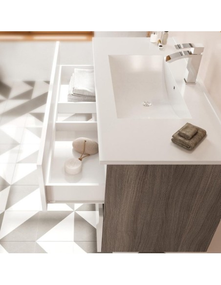 Mobile bagno Eva 100 cm 2 cassetti + specchio con faretto Rovere fumo/Bianco laccato
