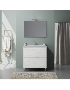 Mobile bagno 80 cm su piedini + specchio con faretto Rovere bianco 2