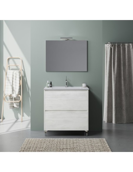 Mobile bagno 80 cm su piedini + specchio con faretto Rovere bianco