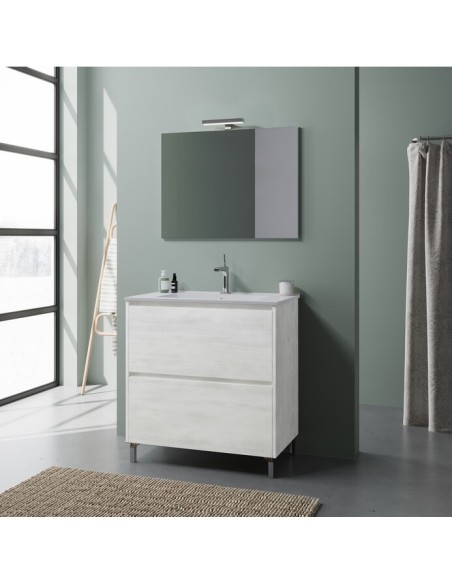 Mobile bagno 80 cm su piedini + specchio con faretto Rovere bianco