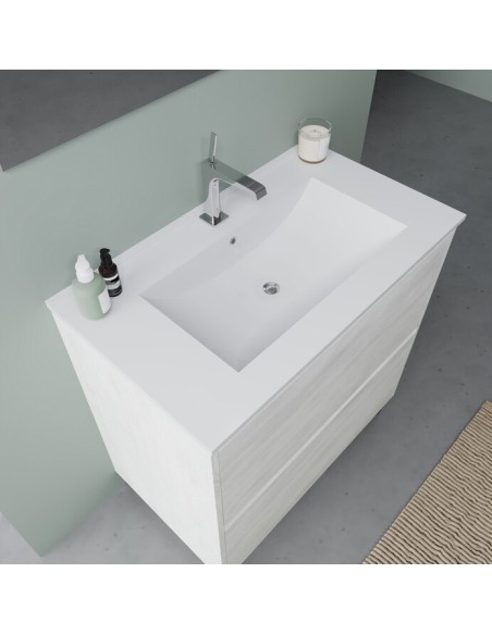Mobile bagno 80 cm su piedini + specchio con faretto Rovere bianco