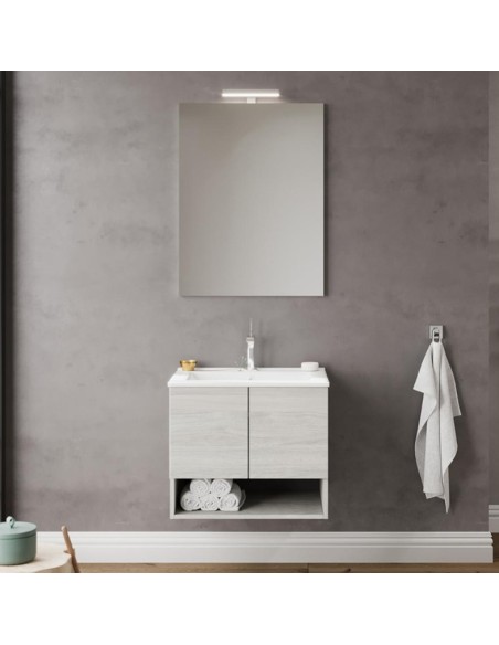 Mobile bagno 60 cm 2 ante 1 vano + specchio + faretto Rovere grigio