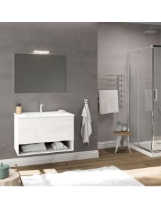 Mobile bagno sospeso 80 cm  1 cassetto - 1 vano + Specchio + faretto Rovere bianco