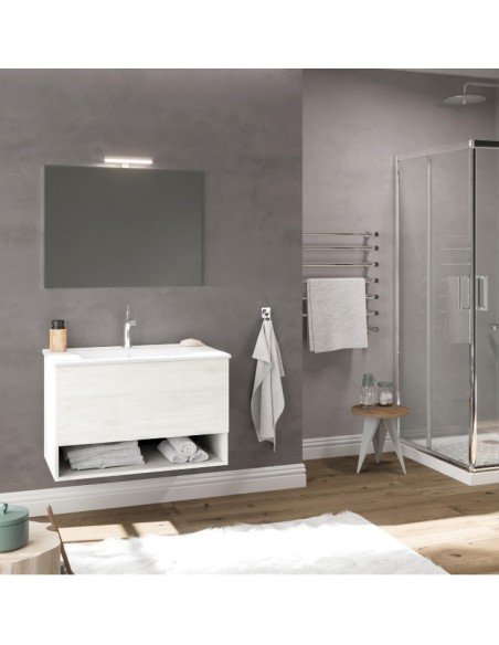 Mobile bagno sospeso 80 cm  1 cassetto - 1 vano + Specchio + faretto Rovere bianco