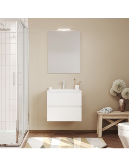 Composizione bagno 60 cm sospesa 2 cassetti + specchio + faretto Bianco laccato