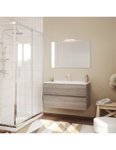 Composizione bagno sospesa 90 cm 2 cassetti + specchio + faretto Rovere fumo