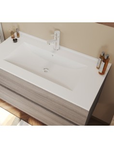 Composizione bagno sospesa 90 cm 2 cassetti + specchio + faretto Rovere fumo 2