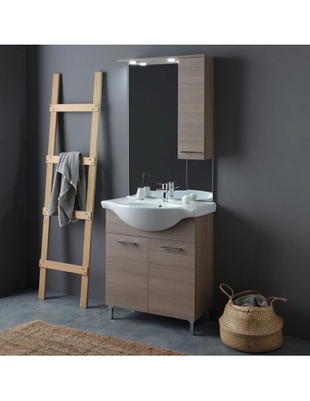Mobile bagno da terra 76 cm + specchio con faretti Rovere fumo