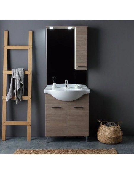 Mobile bagno da terra 76 cm + specchio con faretti Rovere fumo