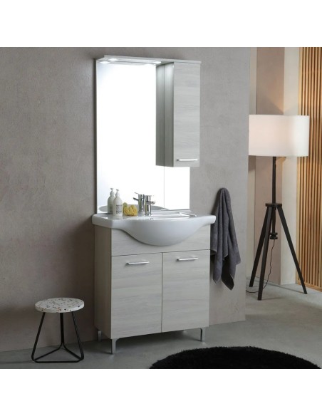 Mobile bagno da terra 76 cm + specchio con faretti Rovere grigio