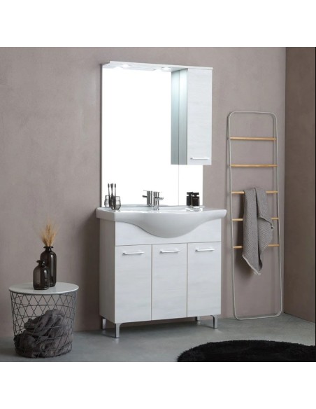 Mobile bagno da terra 86 cm + specchio con faretti Rovere bianco