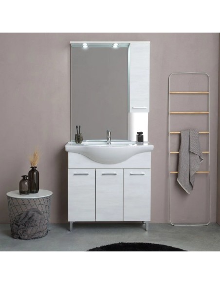 Mobile bagno da terra 86 cm + specchio con faretti Rovere bianco