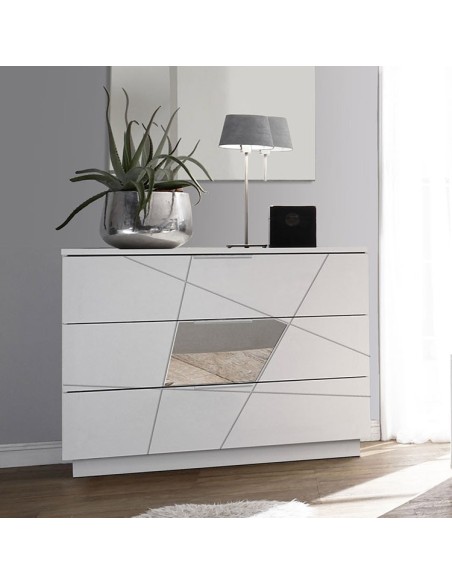 Comò 3 cassetti serigrafato con specchio Bianco laccato