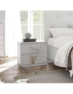 Coppia comodini 2 cassetti serigrafati con specchi Bianco laccato